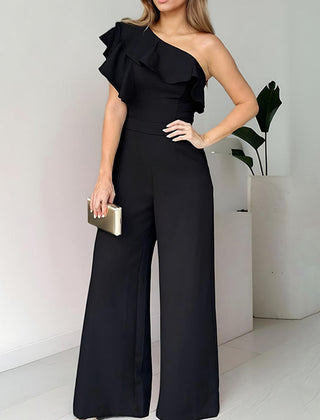 Black one-shoulder jumpsuit with ruffled shoulder and wide-leg pants