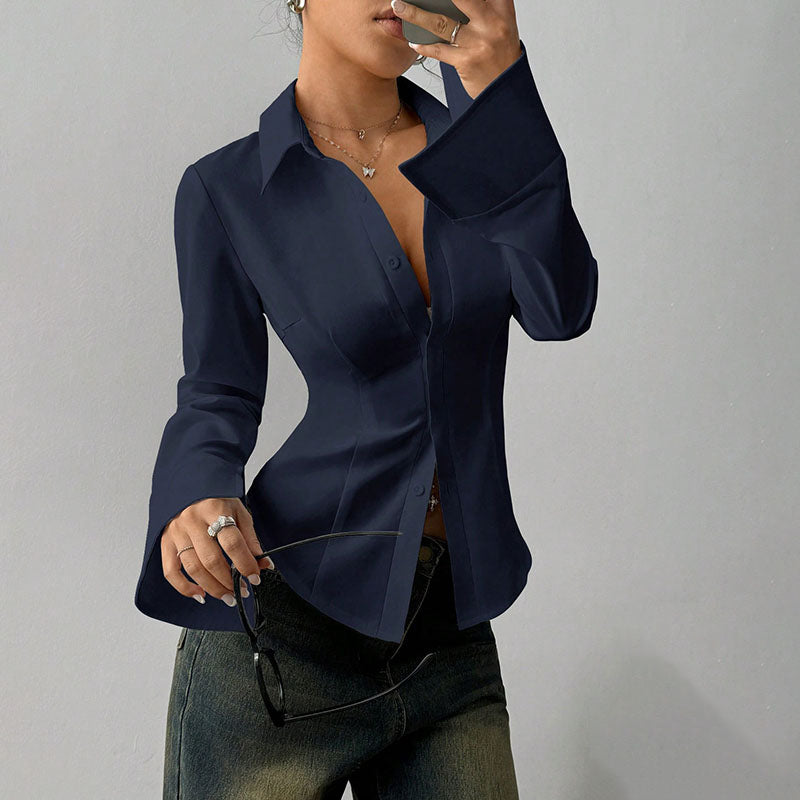 Slim-fit V-neck button-front shirt, long sleeves, navy blue