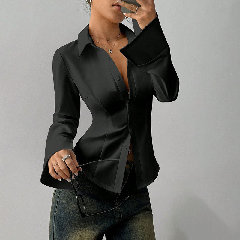 Slim-fit V-neck button-front shirt, long sleeves, black
