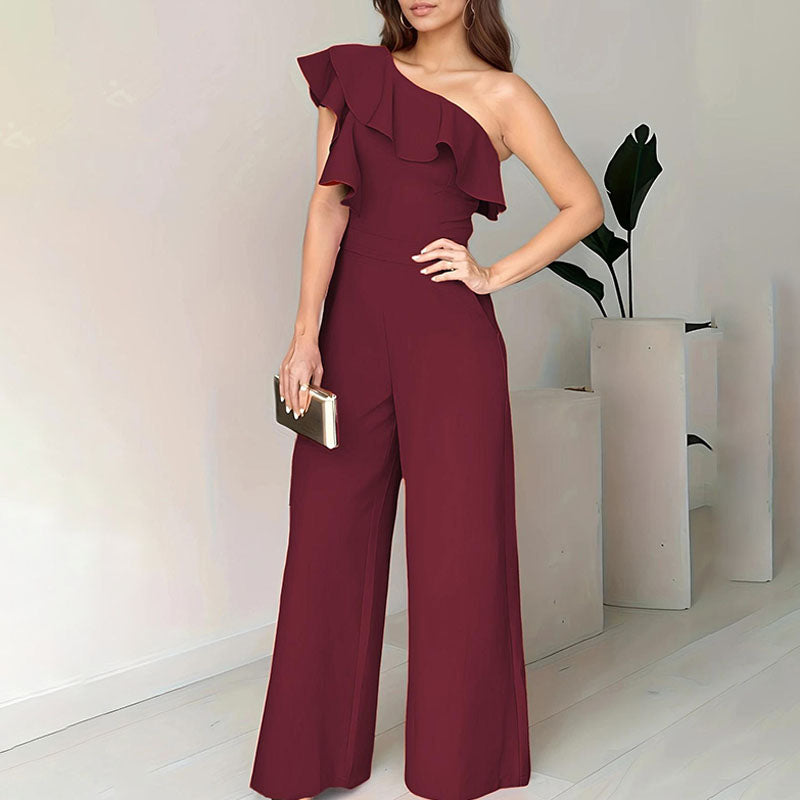 Claret one-shoulder jumpsuit with one-shoulder ruffle top and wide-leg trousers