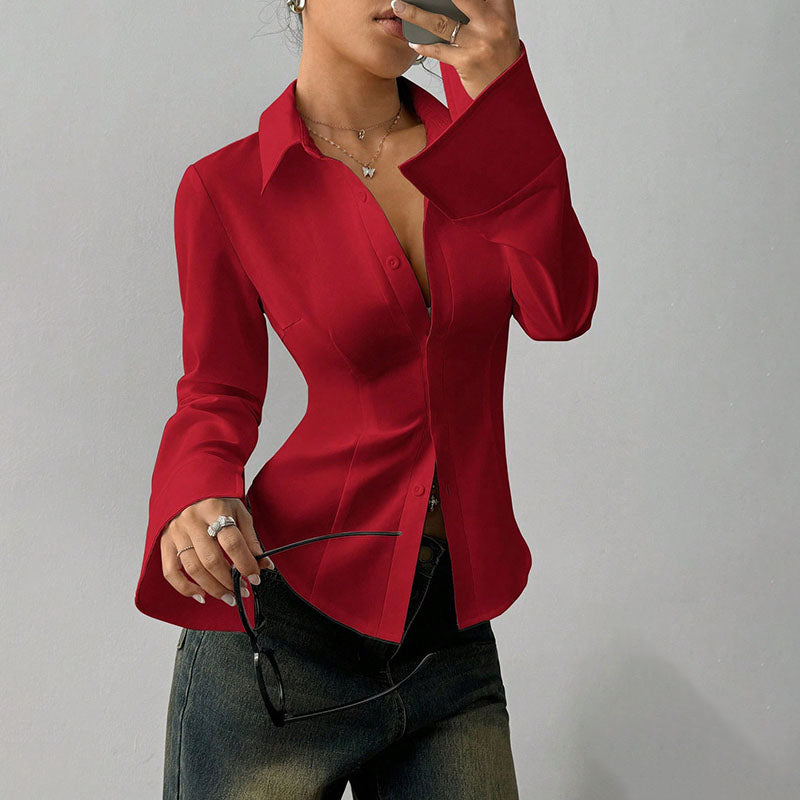 Slim-fit V-neck button-front shirt, long sleeves, claret red