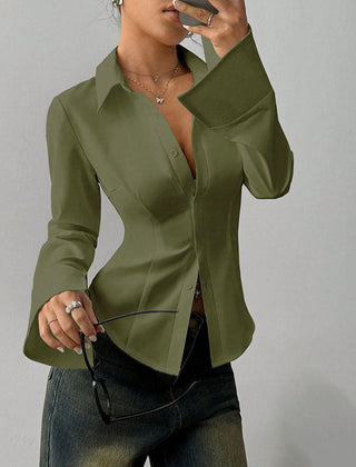 Slim-fit V-neck button-front shirt, long sleeves, army green