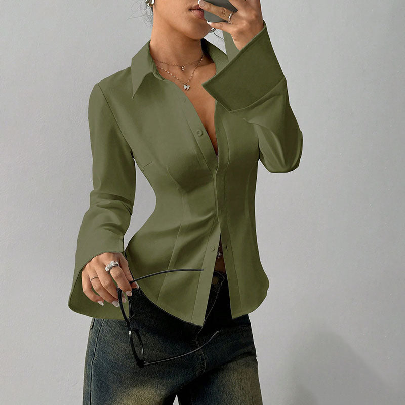 Slim-fit V-neck button-front shirt, long sleeves, army green