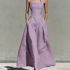 Amélie French linen halter dress in lilac with fitted bodice and full midi skirt