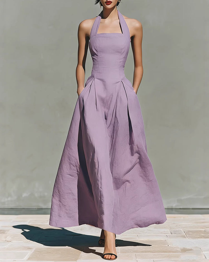 Amélie French linen halter dress in lilac with fitted bodice and full midi skirt