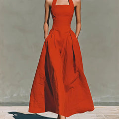 Amélie French linen halter dress, orange, fitted bodice and full midi skirt