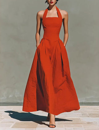 Amélie French linen halter dress, orange, fitted bodice and full midi skirt