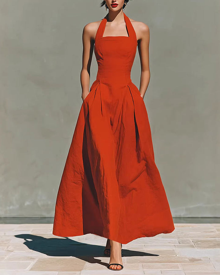 Amélie French linen halter dress, orange, fitted bodice and full midi skirt