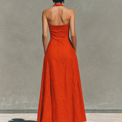 Amélie French linen halter dress, back view in orange