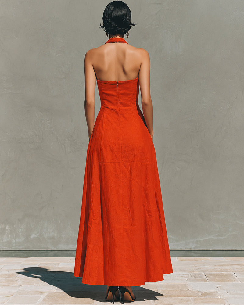 Amélie French linen halter dress, back view in orange