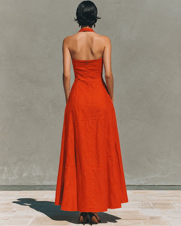 Amélie French linen halter dress, back view in orange