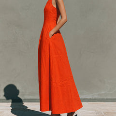 Amélie French linen halter dress, orange midi dress with pockets