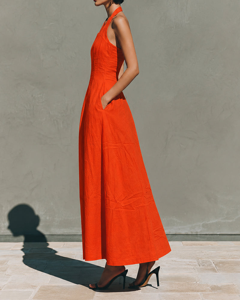 Amélie French linen halter dress, orange midi dress with pockets