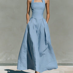 Amélie French linen halter dress in light blue with fitted bodice and full skirt