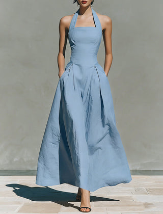 Amélie French linen halter dress in light blue with fitted bodice and full skirt
