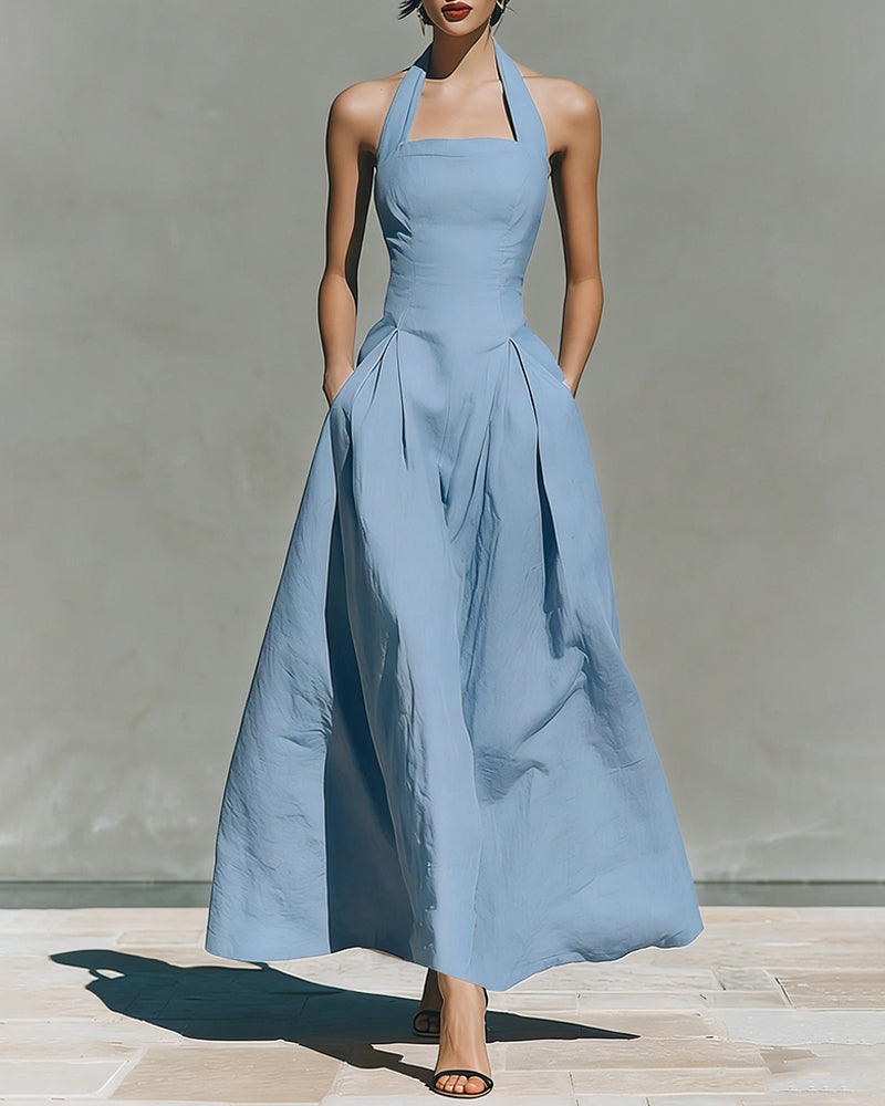 Amélie French linen halter dress in light blue with fitted bodice and full skirt