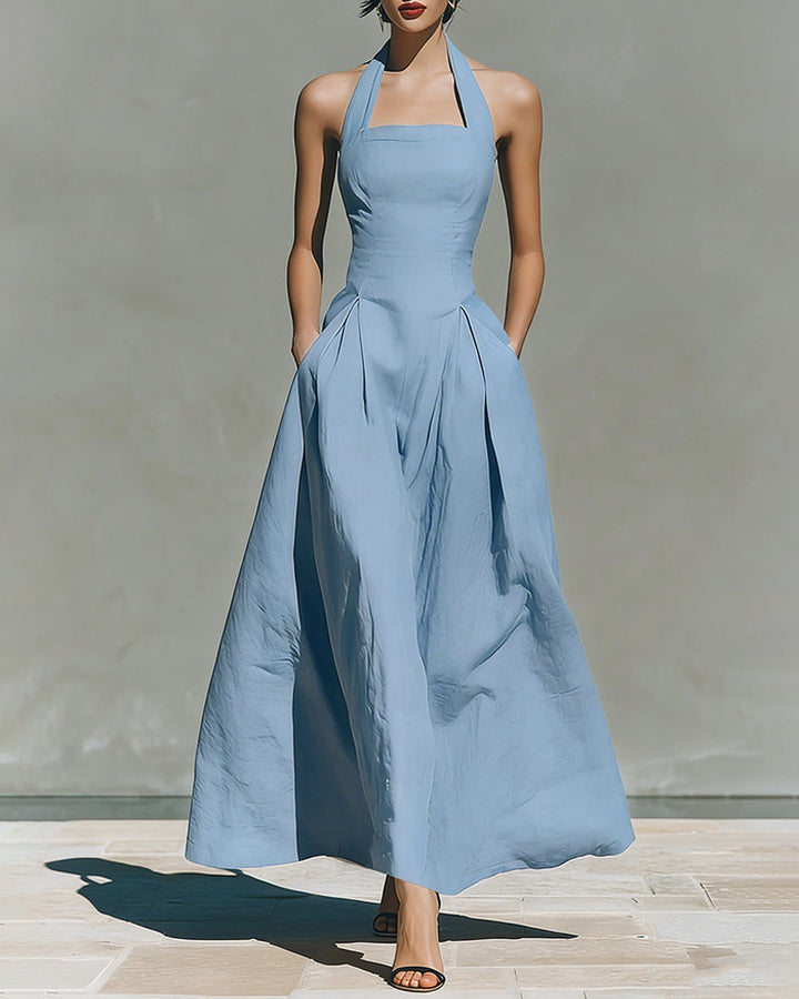 Amélie French linen halter dress in light blue with fitted bodice and full skirt