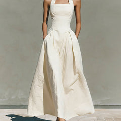 Amélie French linen halter dress, white maxi dress with fitted bodice and full skirt