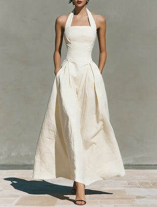 Amélie French linen halter dress, white maxi dress with fitted bodice and full skirt