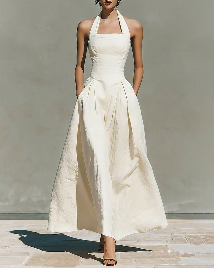 Amélie French linen halter dress, white maxi dress with fitted bodice and full skirt