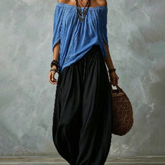 Blue off-shoulder top and black draped harem pants resort set with wide neckline