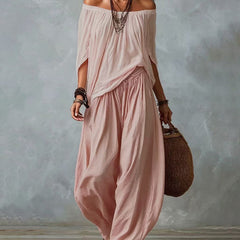 Blush off-shoulder top and light pink draped harem pants resort set with wide neckline