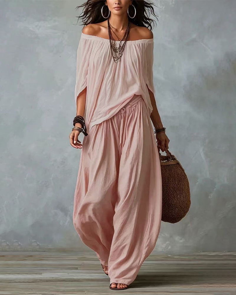Blush off-shoulder top and light pink draped harem pants resort set with wide neckline