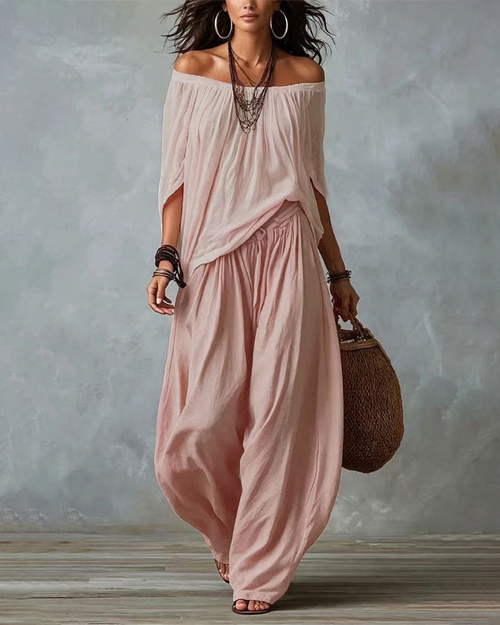 Blush off-shoulder top and light pink draped harem pants resort set with wide neckline