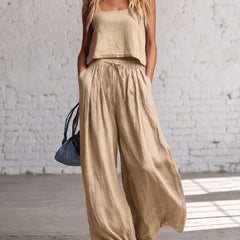 Beige crop cami top with matching drawstring wide-leg pants, gathered waist