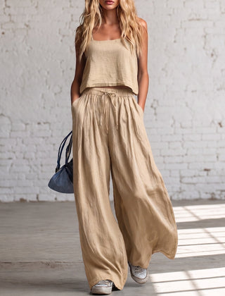 Beige crop cami top with matching drawstring wide-leg pants, gathered waist