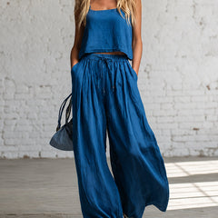 Blue crop cami top with matching drawstring wide-leg pants, gathered waist