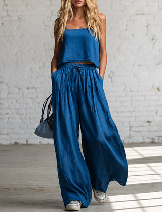 Blue crop cami top with matching drawstring wide-leg pants, gathered waist