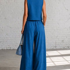 Blue back-view crop cami top with matching drawstring wide-leg pants, gathered waist