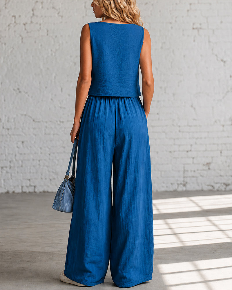 Blue back-view crop cami top with matching drawstring wide-leg pants, gathered waist