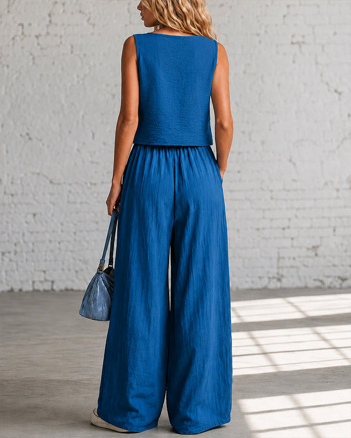Blue back-view crop cami top with matching drawstring wide-leg pants, gathered waist