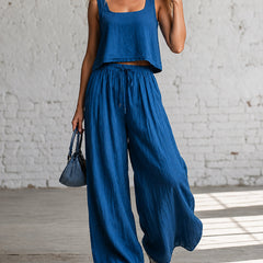 Blue crop cami top with matching drawstring wide-leg pants, relaxed gathered waist