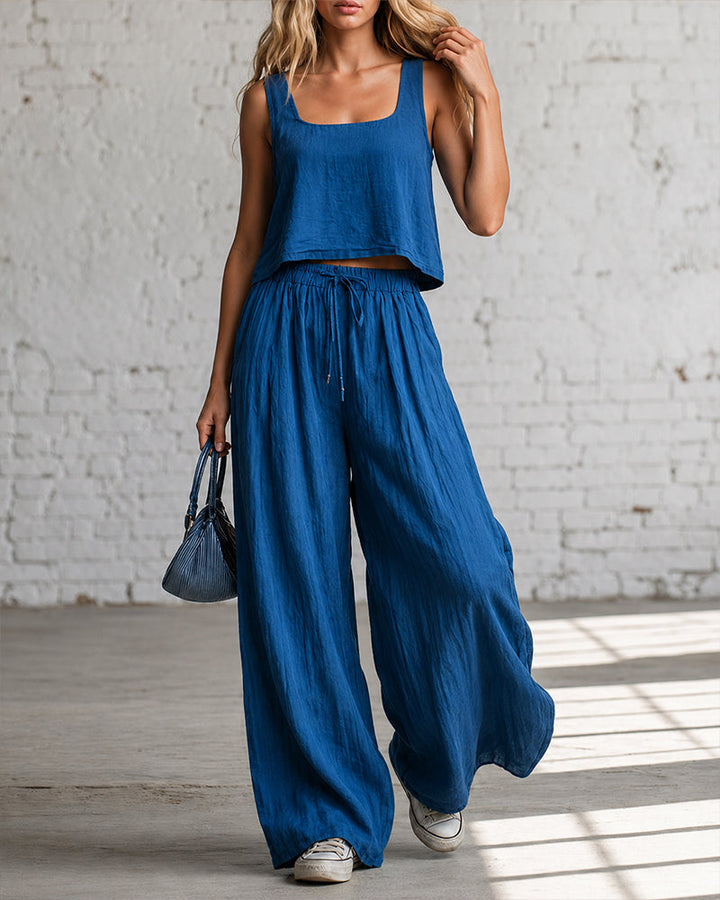 Blue crop cami top with matching drawstring wide-leg pants, relaxed gathered waist