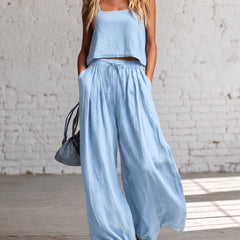 Light blue crop cami top with matching drawstring wide-leg pants, gathered waist