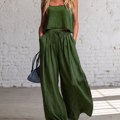 Green crop cami top with matching drawstring wide-leg pants, gathered waist