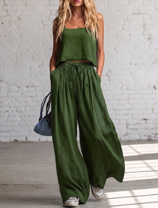 Green crop cami top with matching drawstring wide-leg pants, gathered waist