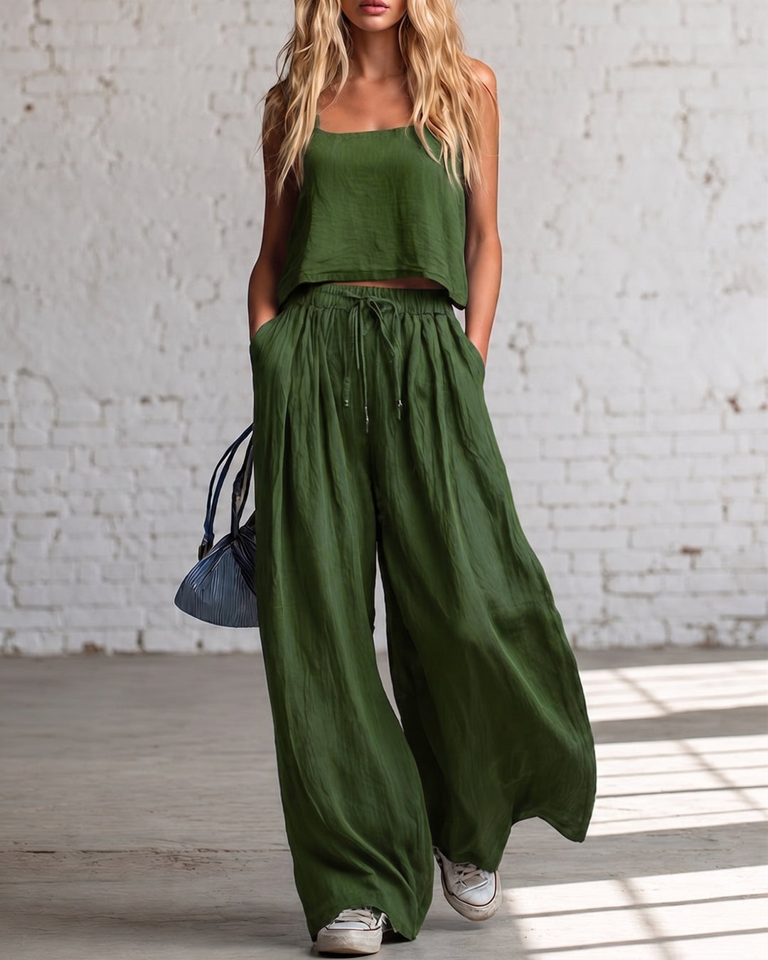 Green crop cami top with matching drawstring wide-leg pants, gathered waist
