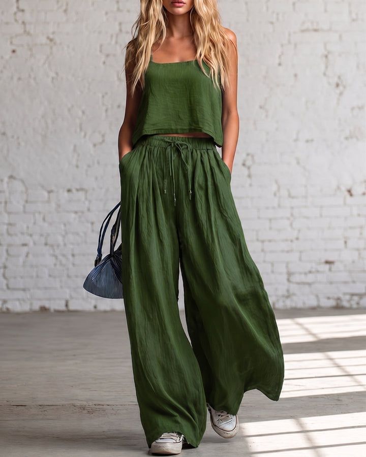 Green crop cami top with matching drawstring wide-leg pants, gathered waist