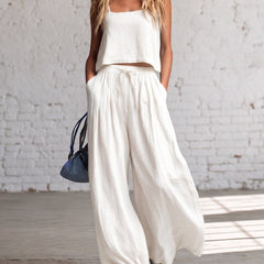 White crop cami top with matching drawstring wide-leg pants, gathered waist