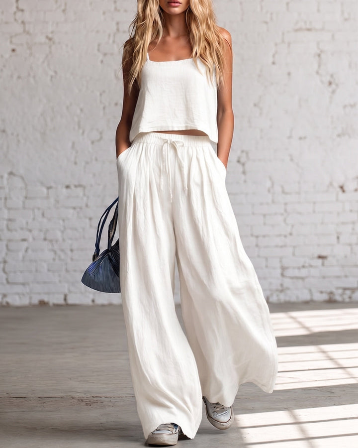 White crop cami top with matching drawstring wide-leg pants, gathered waist