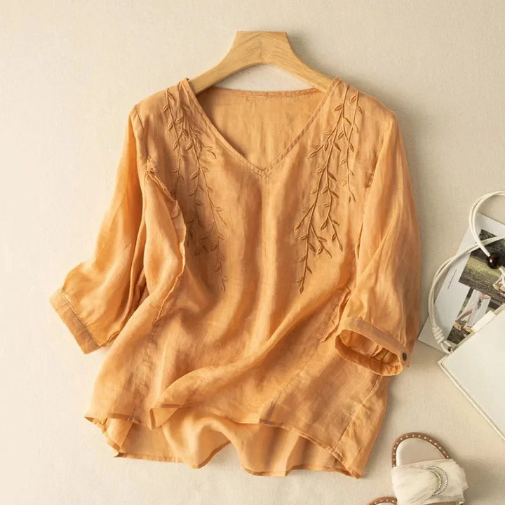 Loose retro cotton-linen top in apricot with leaf embroidery and V-style neckline