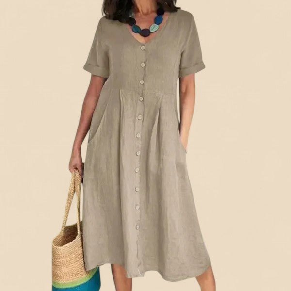 Beige short-sleeve button-front V-neck midi dress with gathered waist