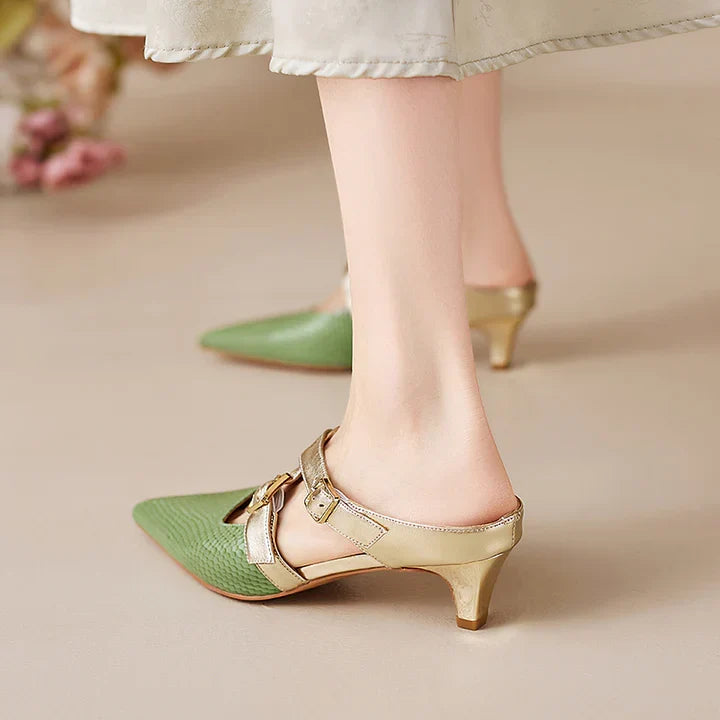 Green and gold slingback genuine leather mules with pointed toe and low heel