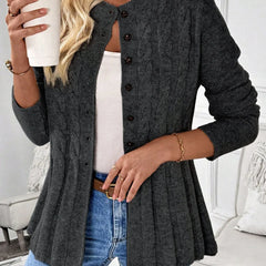 Charcoal ribbed cardigan with button front, long sleeves, and peplum hem