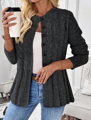 Charcoal ribbed cardigan with button front, long sleeves, and peplum hem
