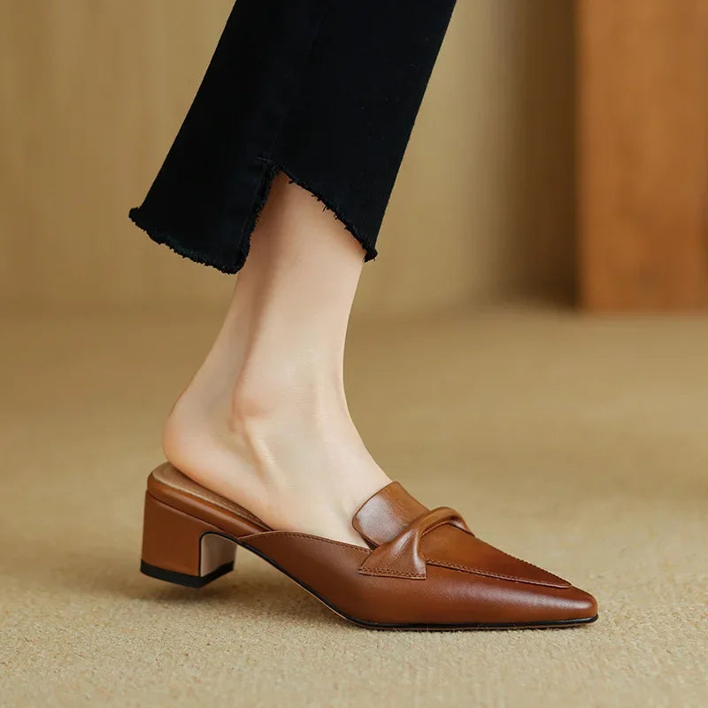 Brown genuine leather slip-on mules with low block heel and rounded toe